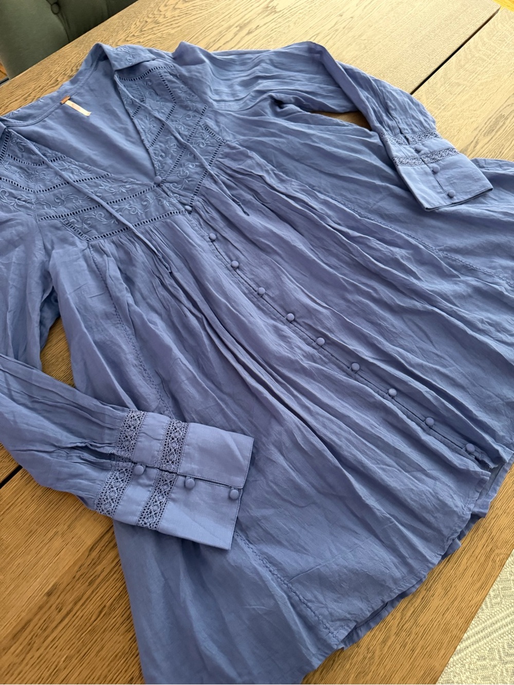 Free People Haddie Solid Mini Dress Prep Peri Blue Embroidered Boho Tunic L $165 - Picture 3 of 11